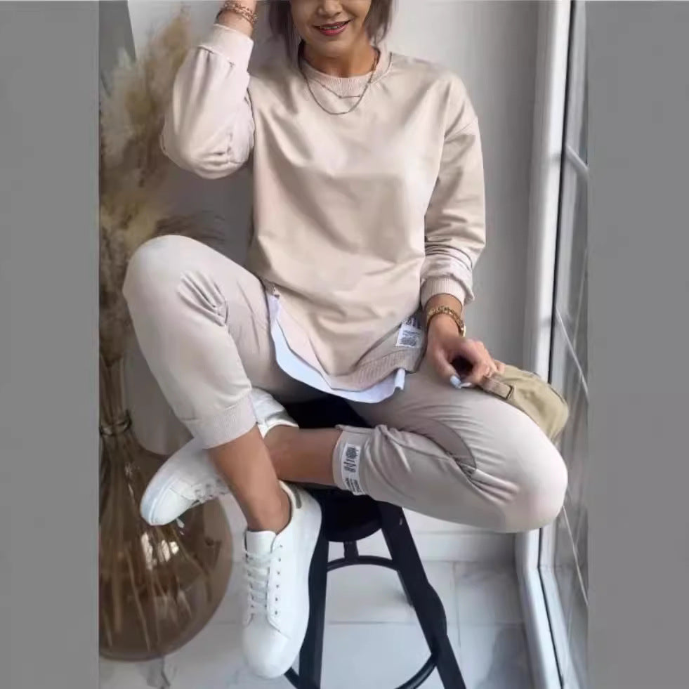 Women Round Neck long-sleeved zipper Top and Pant Two Piece Set 9