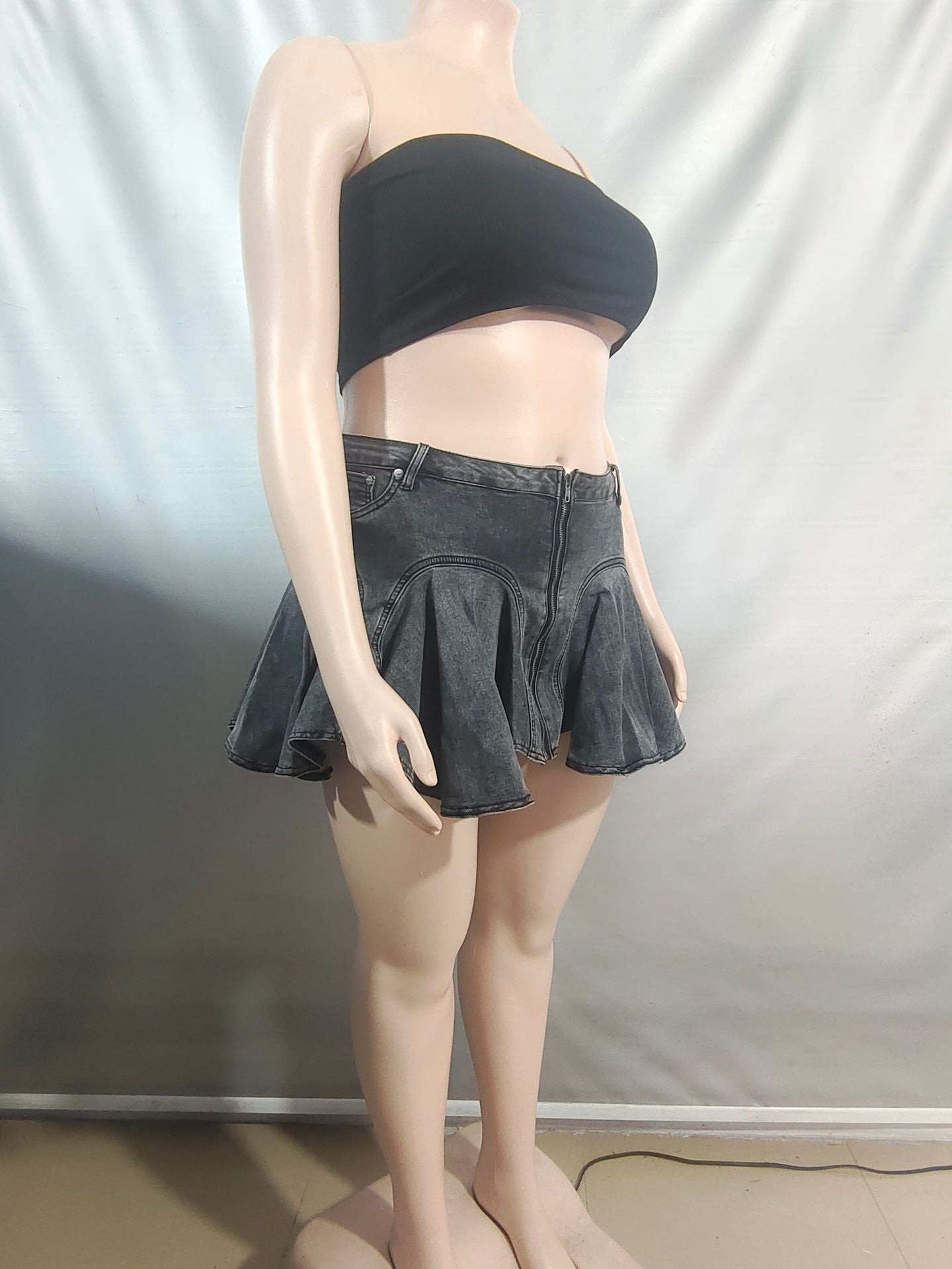 Women Zipper Lotus Leaf Pleated Denim Skirt 10