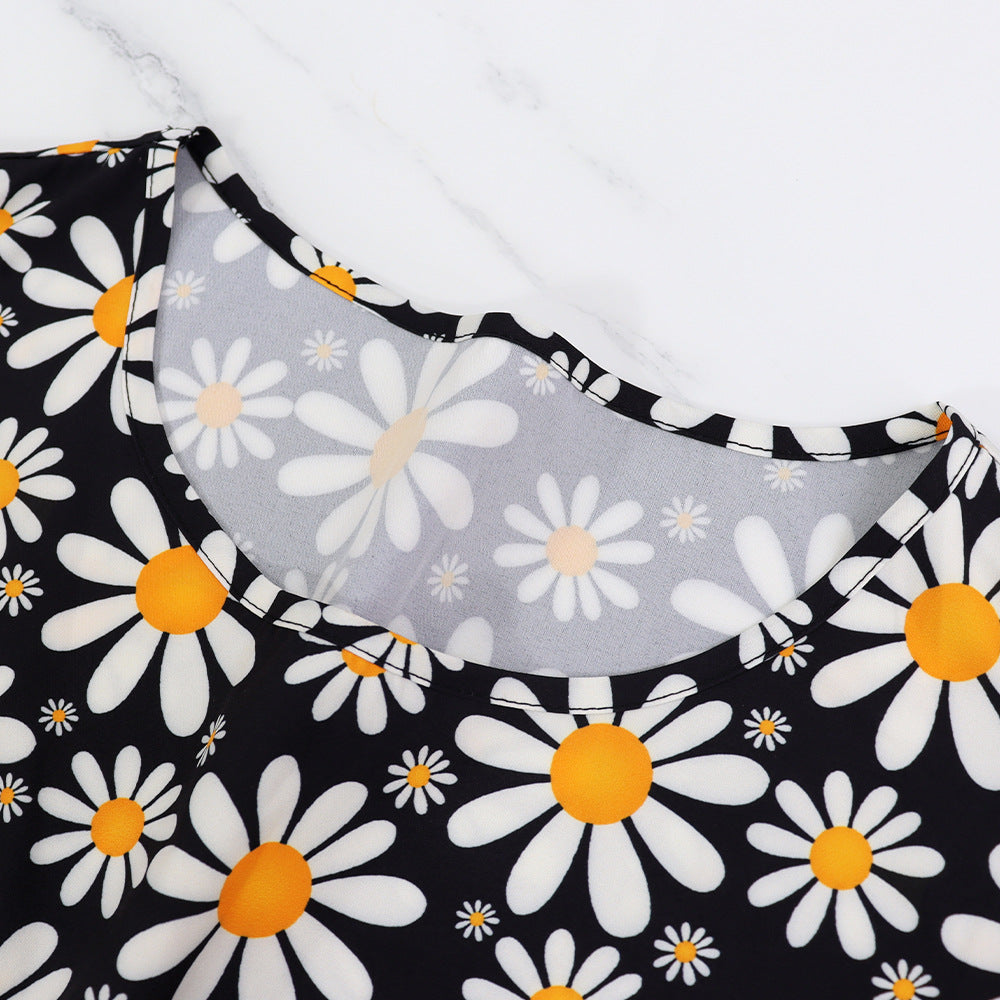 Women Round Neck Daisy Print Floral Dress 6