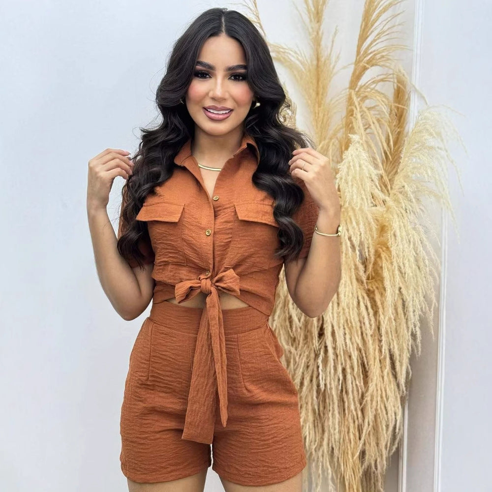 Women's Spring And Summer Fashion Short Sleeve Tie Shirt Top Casual Shorts Two-Piece Set 5
