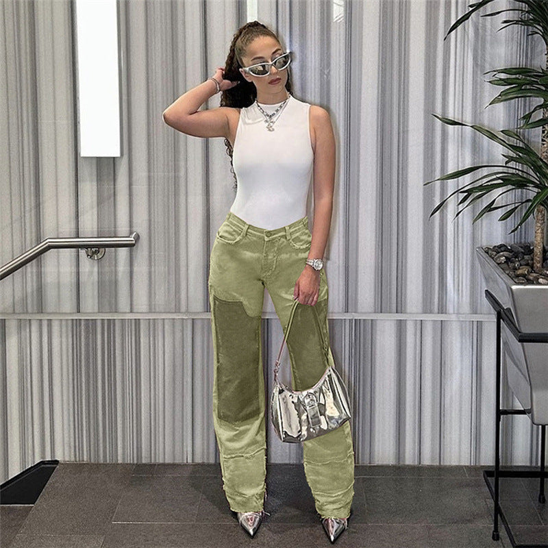 Autumn Women's Patchwork Contrast Color High Waisted Loose Casual Denim Pants For Women 5