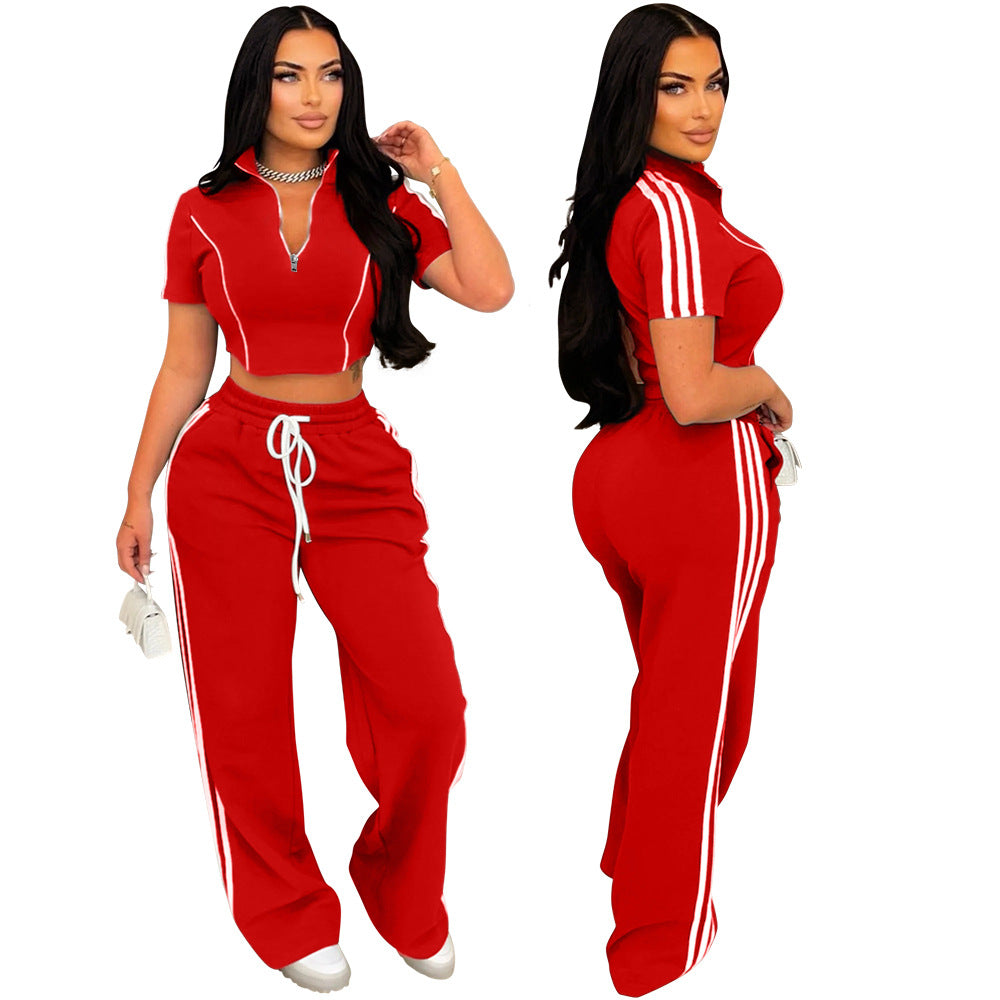 Fashion Women Zipper Short Sleeve Short Top Loose Pants Casual Two-Piece Set 3