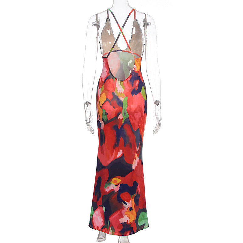 Women Summer Sexy V-Neck Printed Sleeveless Strap Dress 9