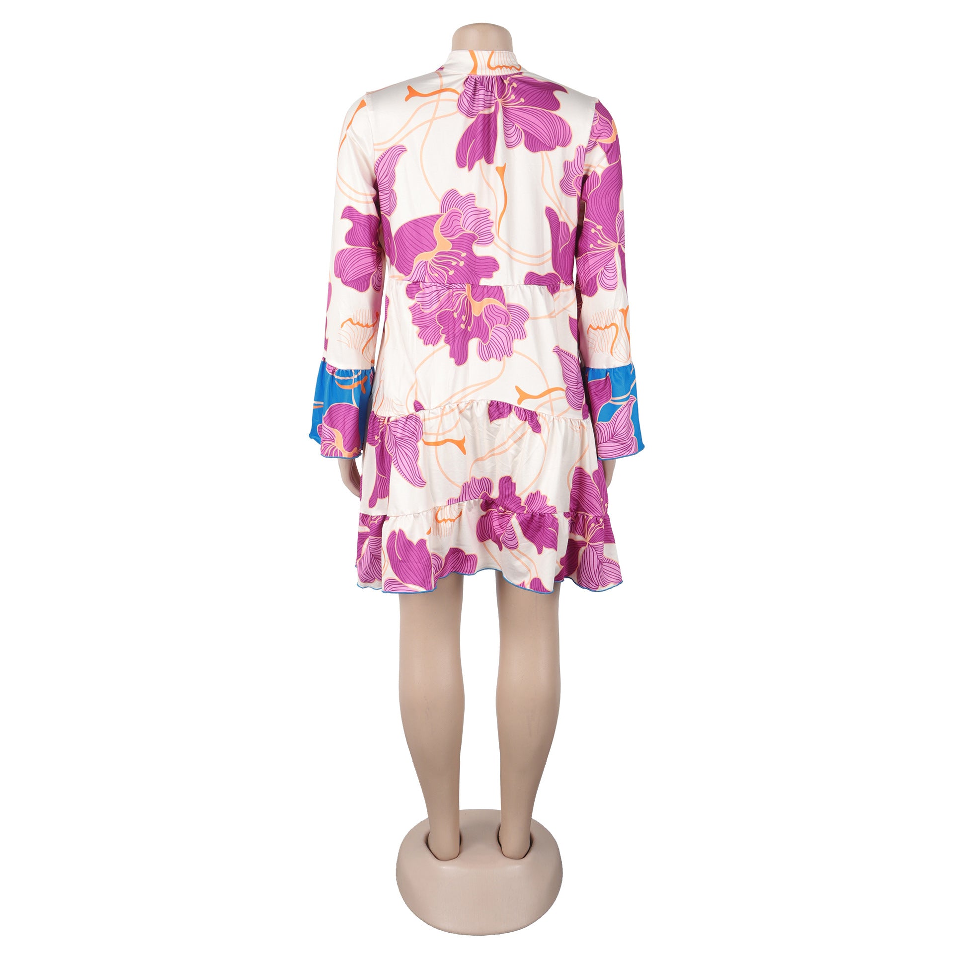 Women Elegant Floral Print V-Neck Patchwork Contrast Color Mini Dress 21