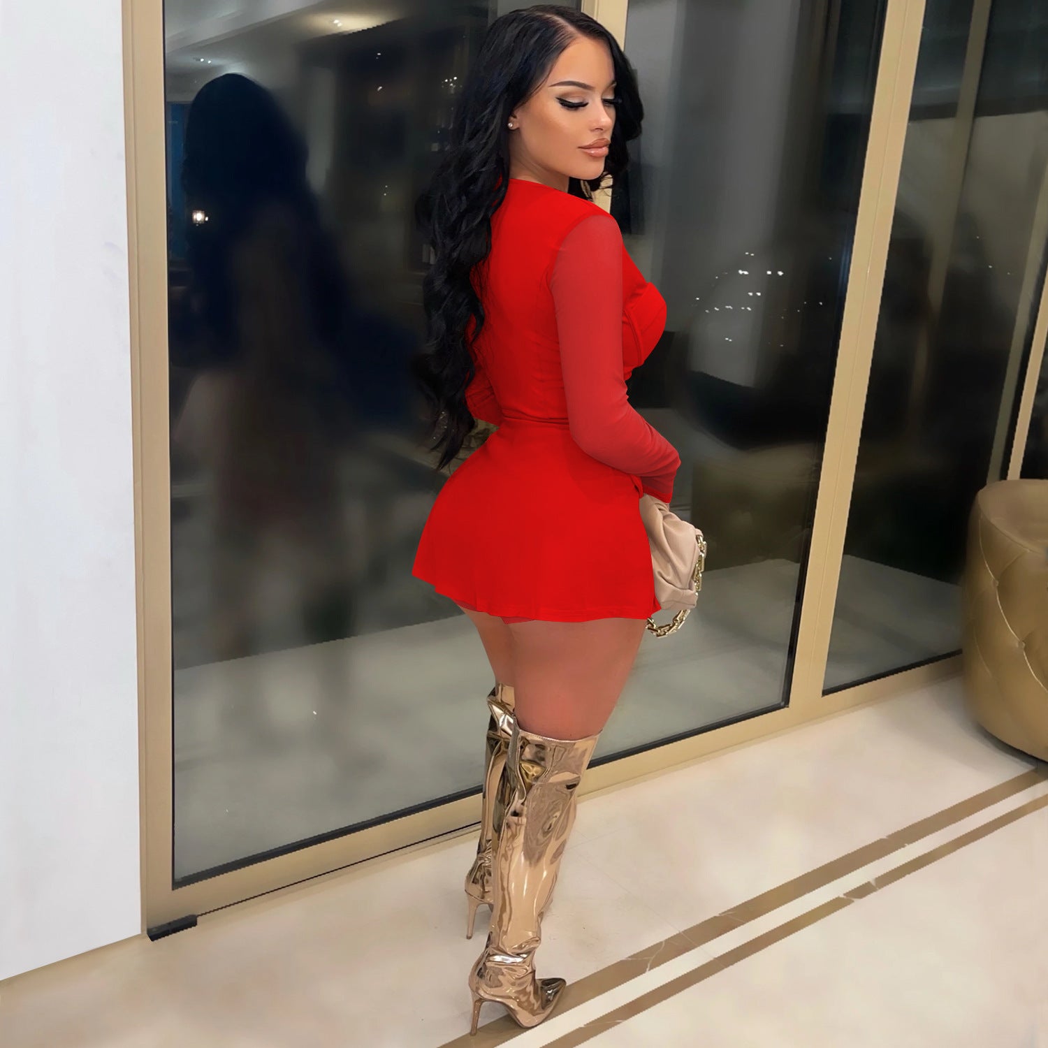 Women Mesh See-Through Long-Sleeved Top and Shorts Two-Piece Set 12