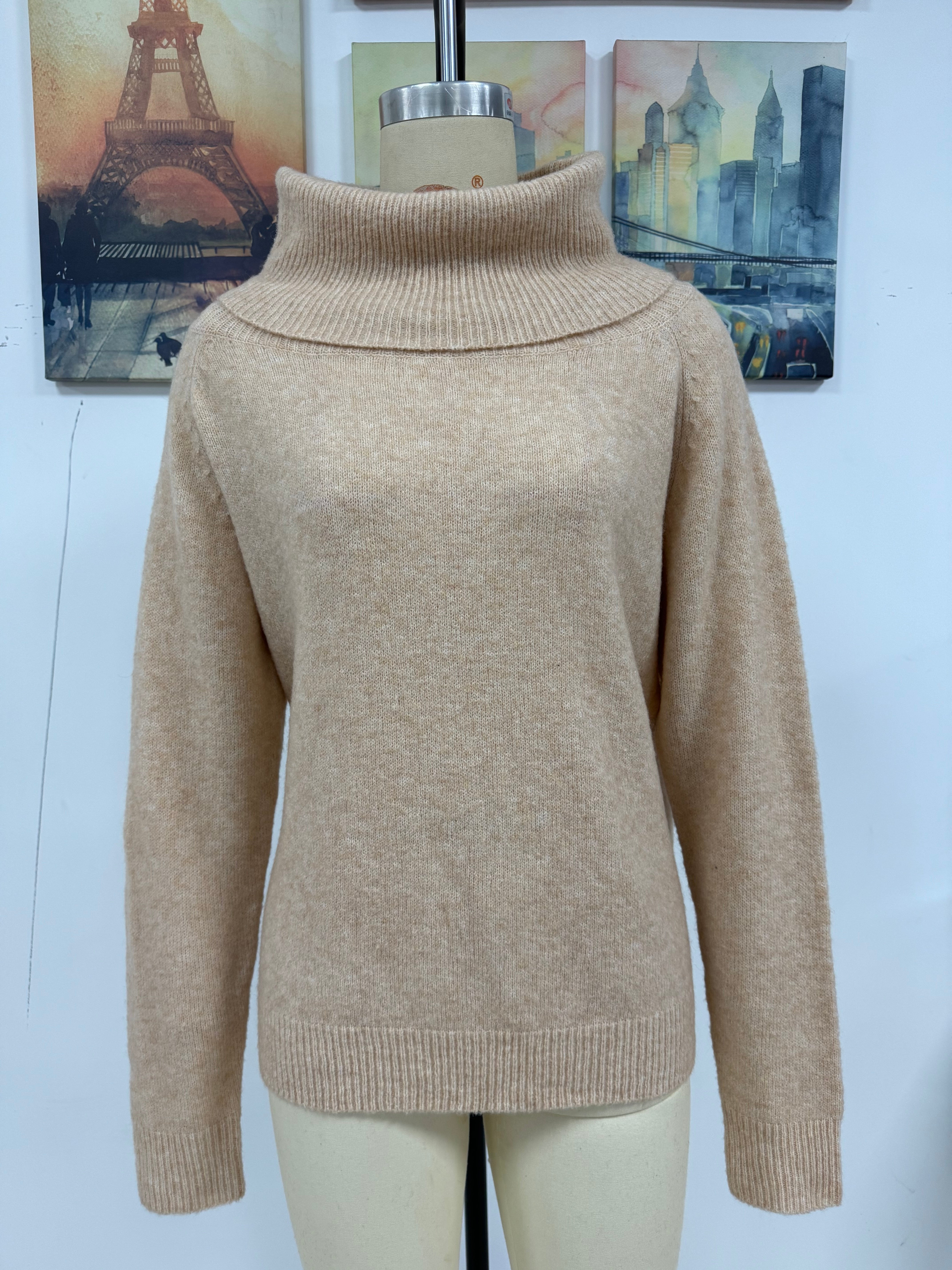 Women Autumn Winter Stacked Collar Solid Color Off Shoulder Loose Sexy Knitting Shirt Long Sleeve Sweater 9