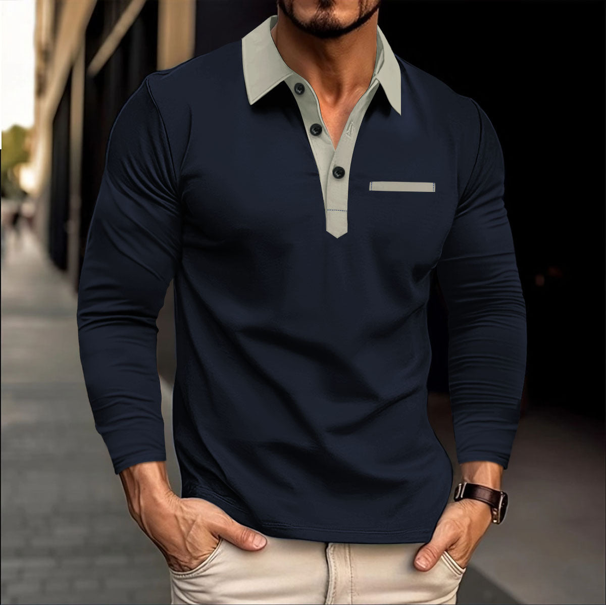 Autumn winter men's long-sleeved polo shirt Turndown Collar fashion color matching top 7