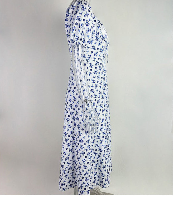 Women Spring Printed French Floral Backless Suspender Slit Dress 31