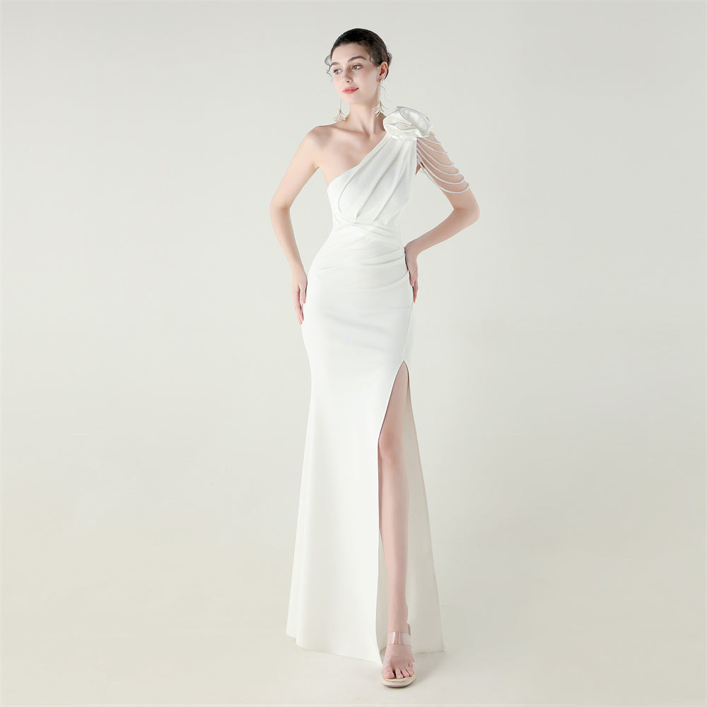 Women one-shoulder flower beaded satin sexy slit evening dress 3