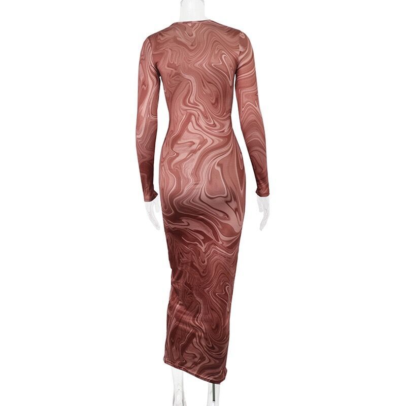 Women Fall Long Sleeve Printed Round Neck Maxi Dress 12