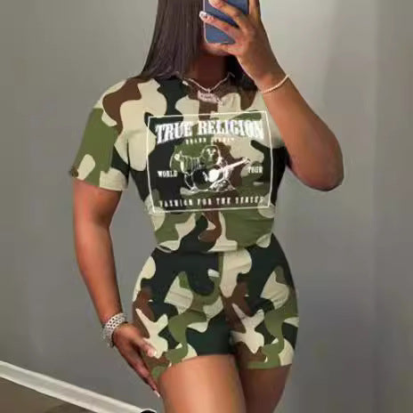 Fashionable Casual Trendy Printed Short-Sleeved Two Piece Shorts Set 8