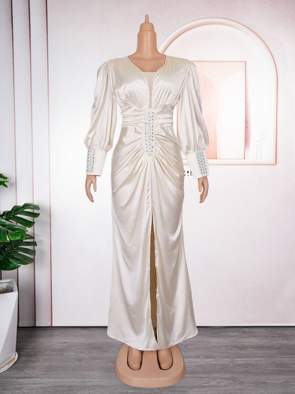 Elegant Solid Color Long Sleeve High Waist Formal Party Plus Size Dress Dubai Winter African Women's Clothing 10