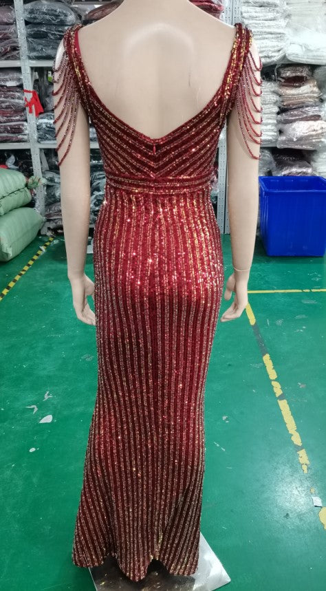 Women Sequined V-Neck Long Evening Dress 11