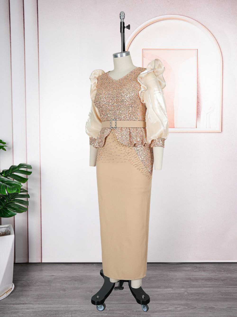 African Plus Size Women's Fashion Puff Sleeve Party Dress Beaded Sequin High Waist Gown 13