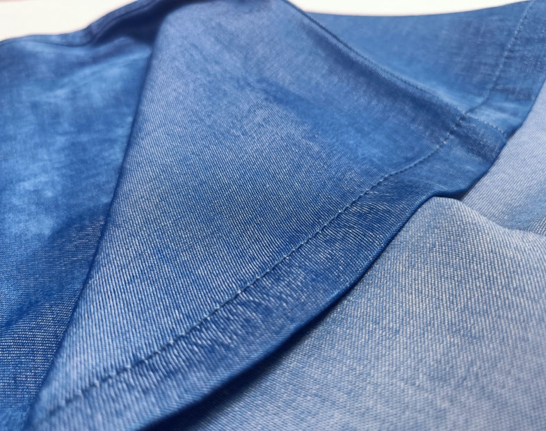 Women blue denim halter neck turndown collar backless top and wide leg pants two piece set 10