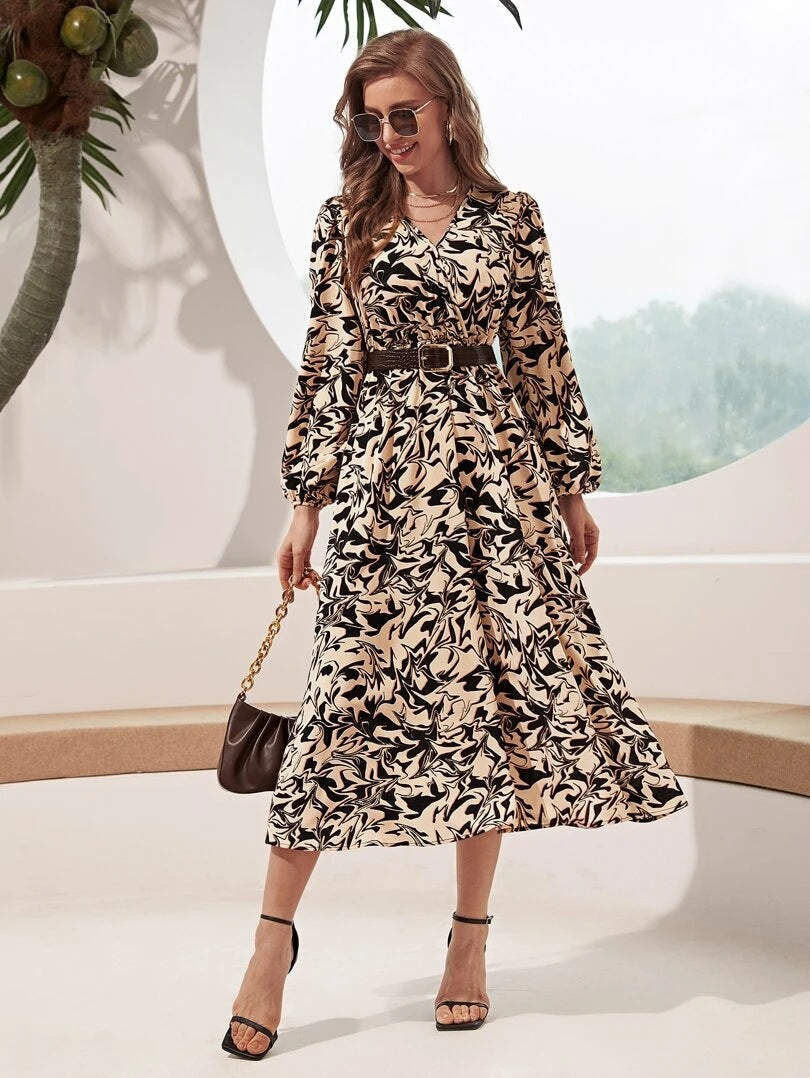 Women printed long-sleeved dress (without belt) 5