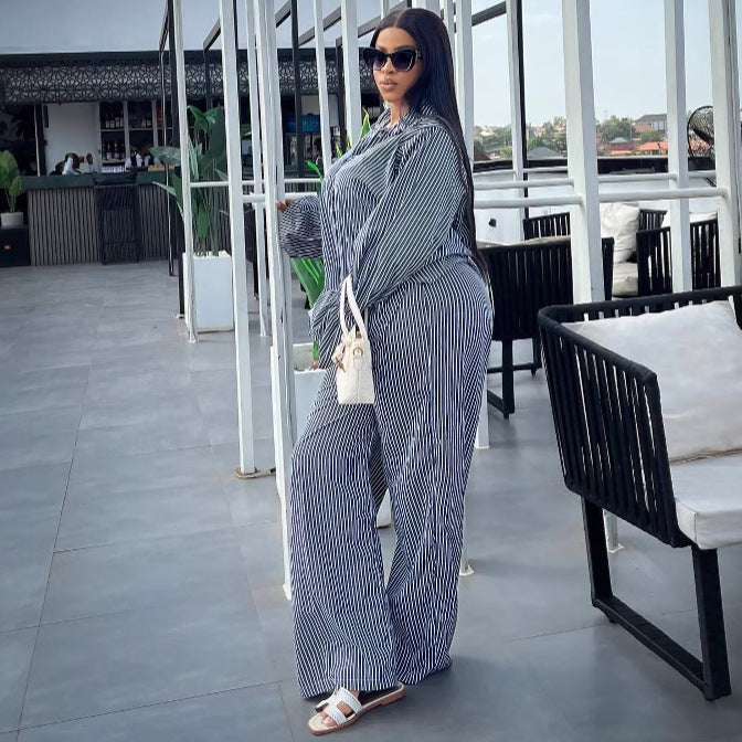 Women's Fashion Striped Button Bell Sleeve Shirt Wide Leg Pants African Casual Set 5