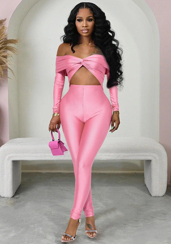 Sexy Women's Solid Color Off Shoulder Hollow Long Sleeve Tight Slim Jumpsuit