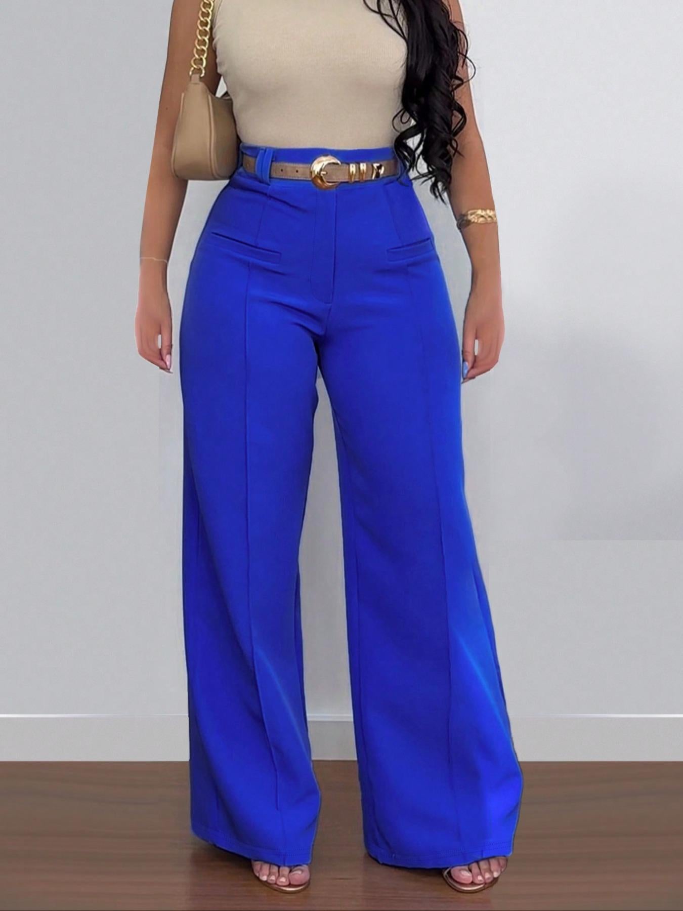 Women's Plus Size Fashion Casual Solid Color Wide-Leg Pants Slim Straight-Leg Trousers( Belt Not Included) 9