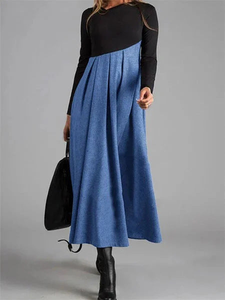 Autumn and Winter Contrast Color V-Neck Long Sleeve Patchwork Swing Dress 5