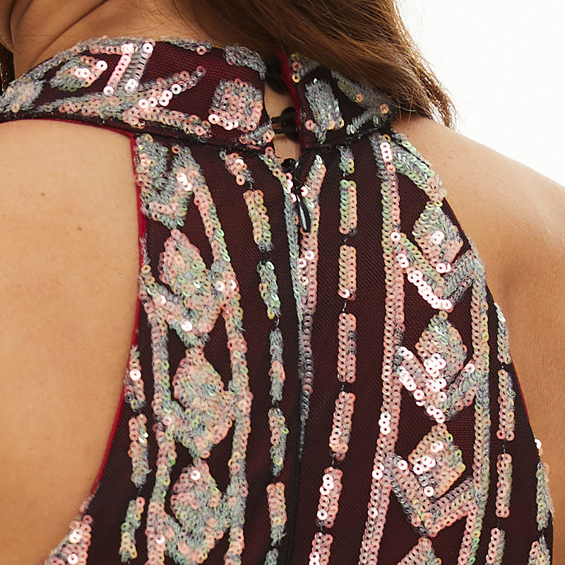 Floral Sequins Formal Party Evening Dress Long Luxurious And Sexy Halter Neck Fishtail Dress 8