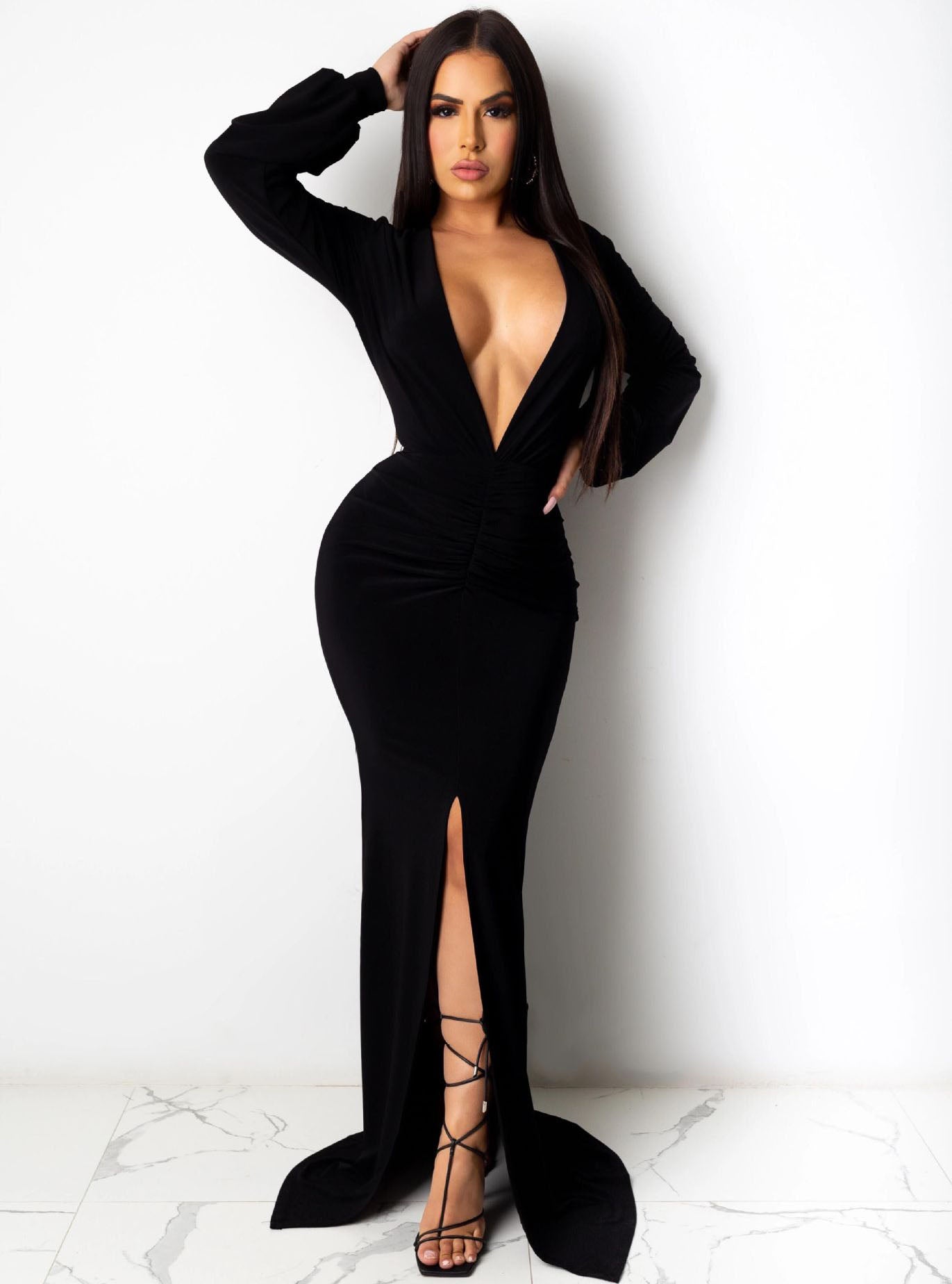 Spring Long Sleeve Deep-V Front Slit Mermaid Black Evening Dress