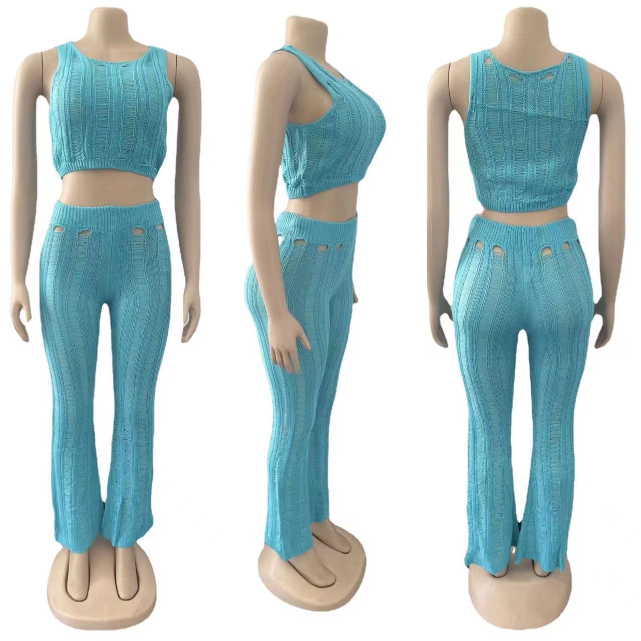 Summer Women Sexy Round Neck Sleeveless Ripped Crop Top and Pant Two-Piece Set 15