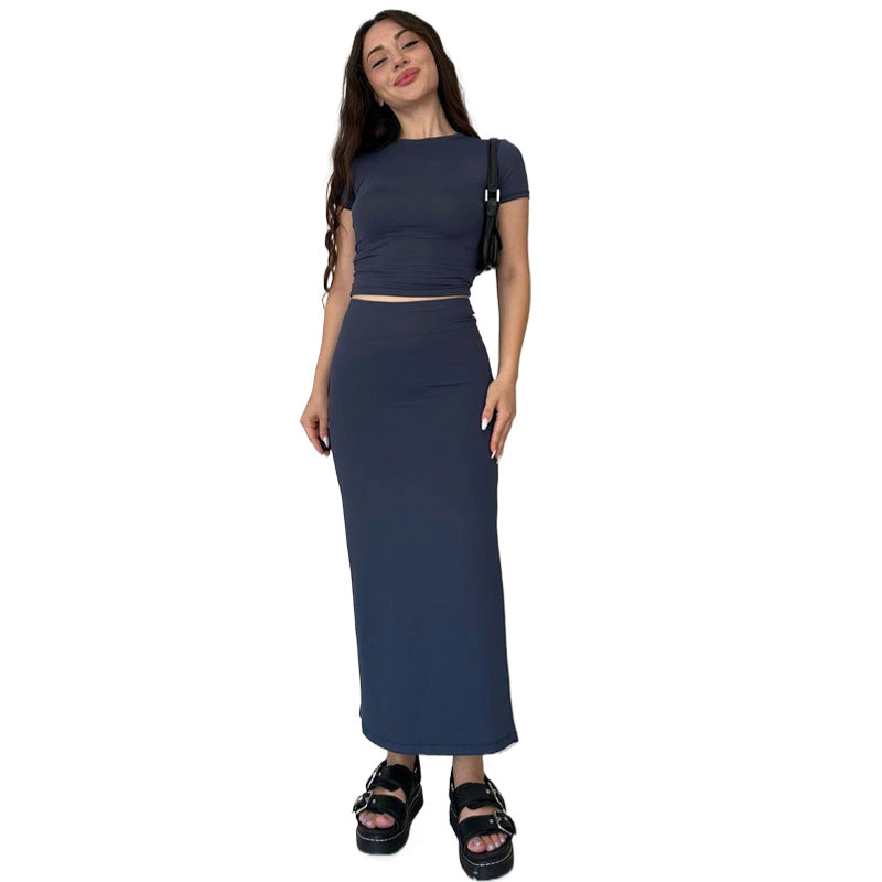 Summer Women's Fashion Casual Solid Color Round Neck Short Sleeve Top Long Skirt Set 11