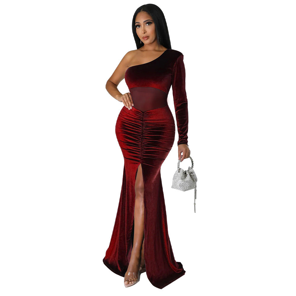 Women'S Fall/Winter Slash Shoulder Ruched Slit Solid Color Mermaid Dress 13