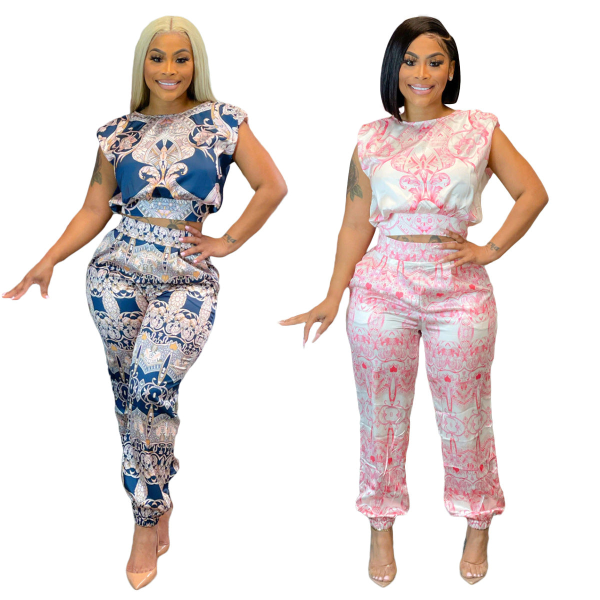 Spring/Summer Women's Printed Short Sleeve Two-Piece Pants Set 10