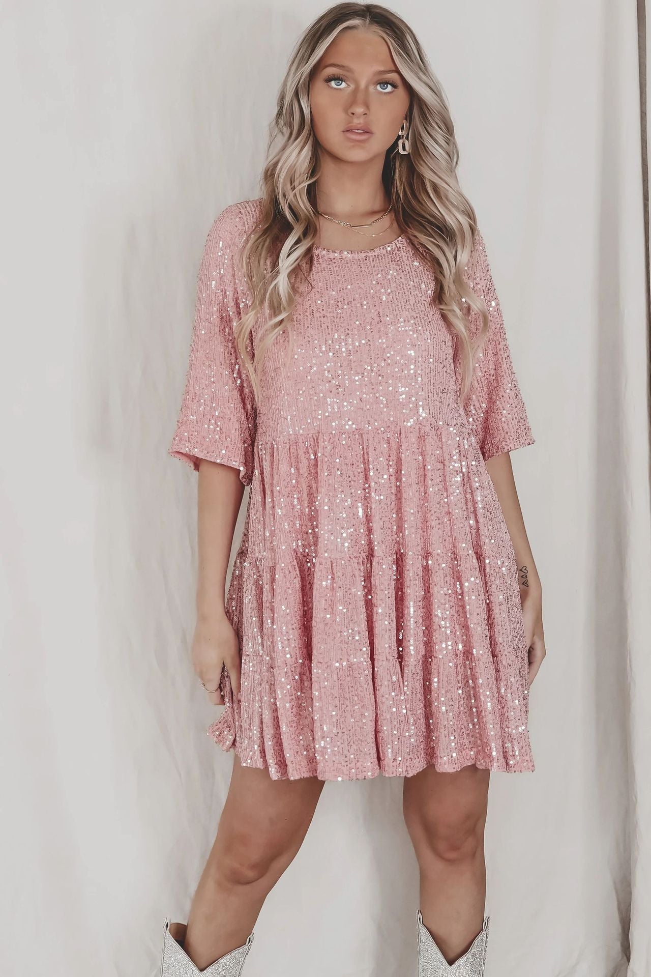 Fashion Sequin Round Neck Short Sleeve Big Swing Cute Dress 10