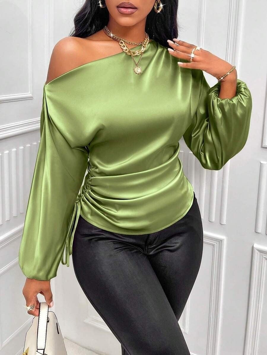 Women's Satin Shirt Asymmetric Slash Shoulder Long-Sleeve Blouse 3