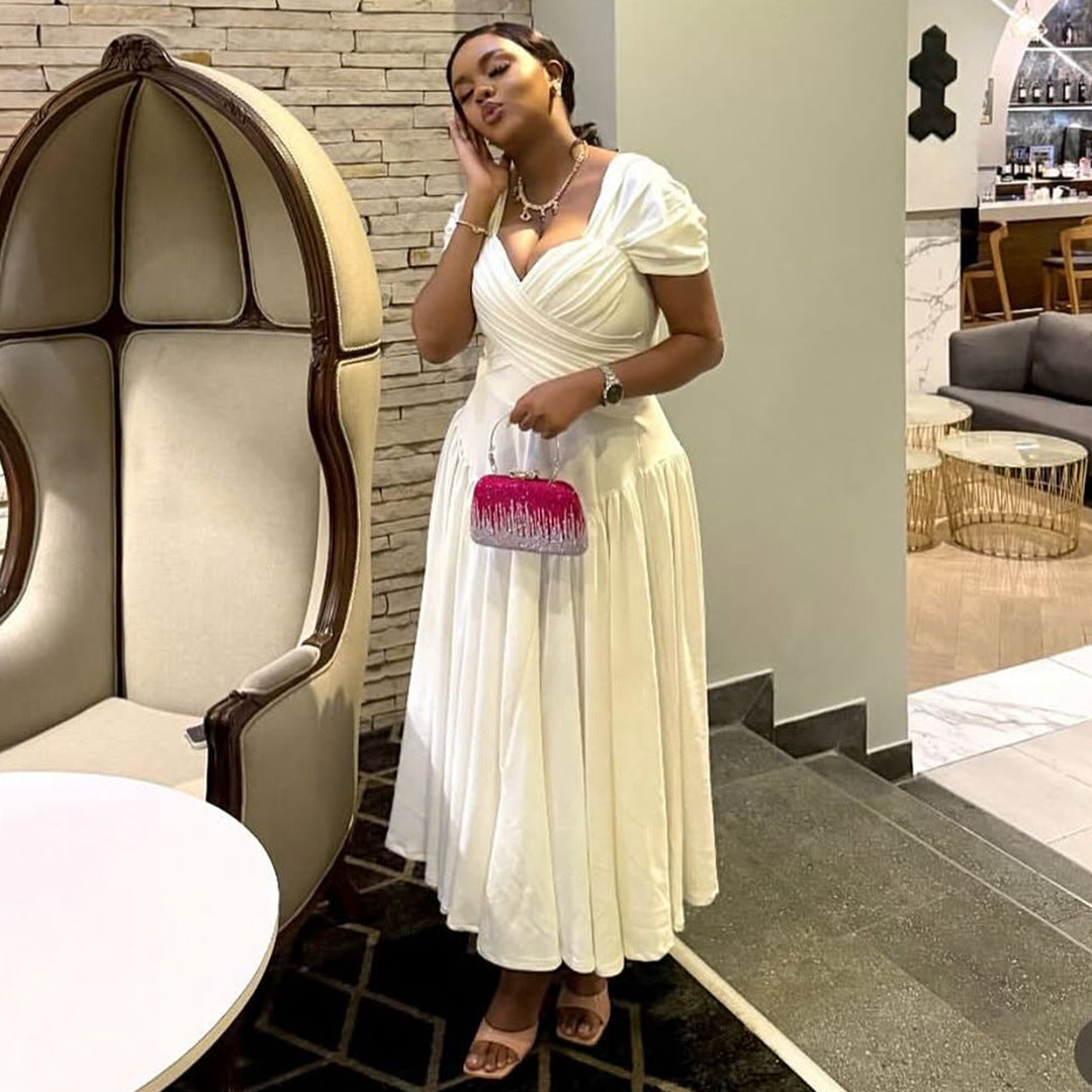 Plus Size Women's Fashion Elegant Square Neck Slim Waist A-line Long Dress 6