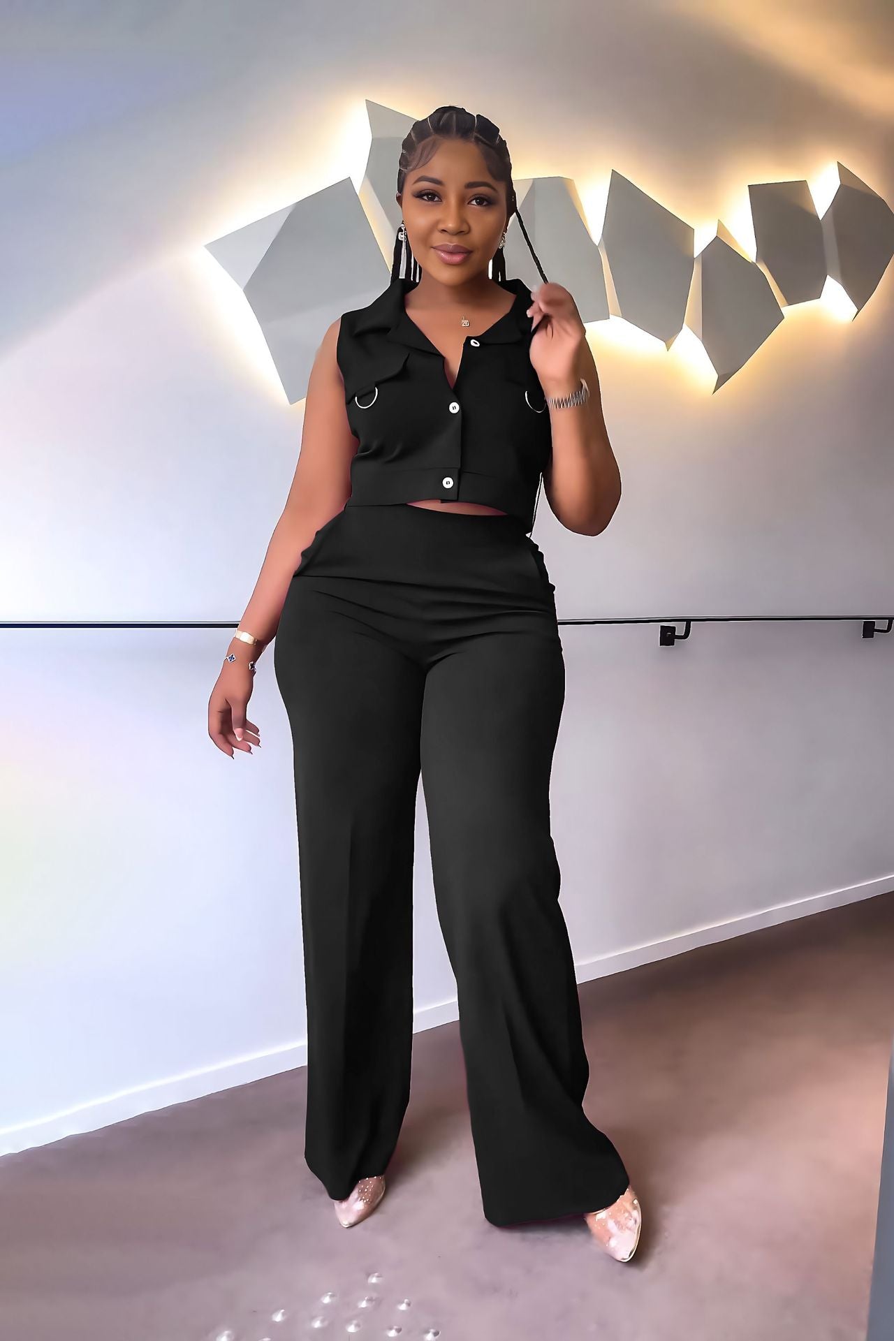 Solid turndown Collar Vest Casual High Waist Straight Leg Trousers Two-Piece Set