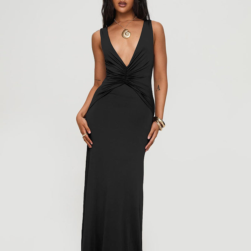 Women Sexy V-Neck Halter Neck Backless Pleated Maxi Fishtail Dress 6