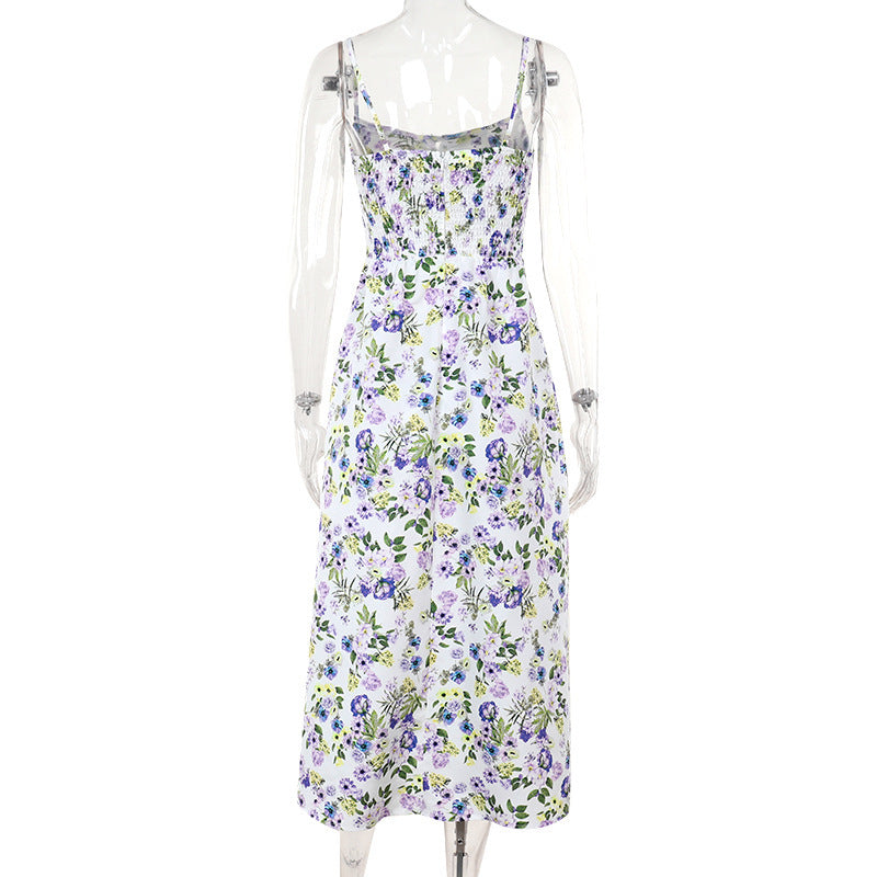 Women summer French printed slit Strap Dress 9