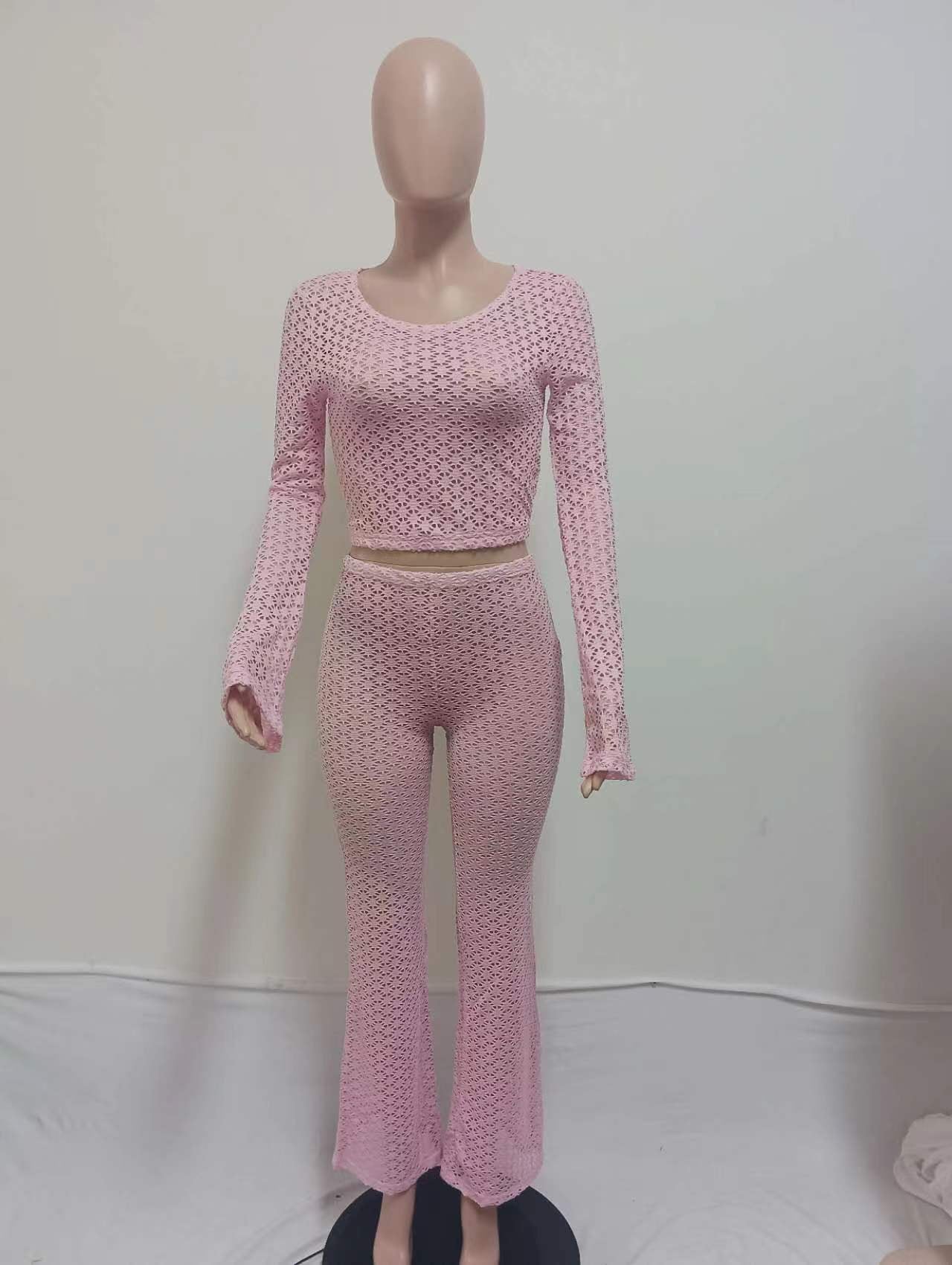 Women's Sexy Lace Ripped See-Through Crop Top High-Waist Long Pants Set 8