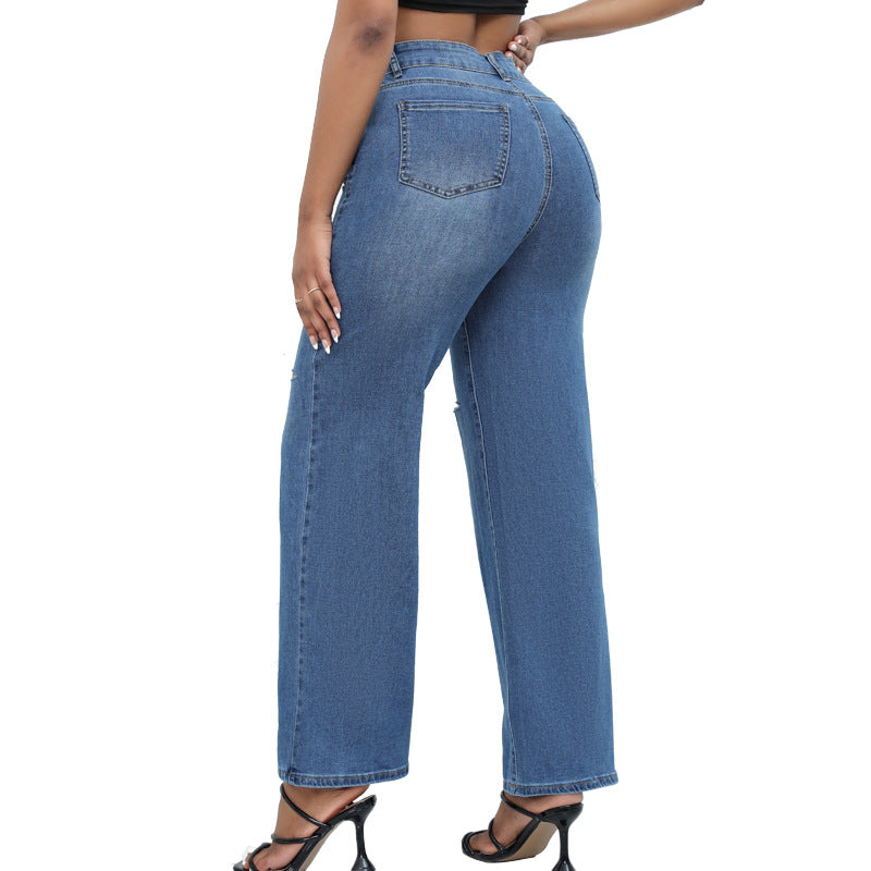 Jeans Blue Wide Leg Straight Denim Trousers 6