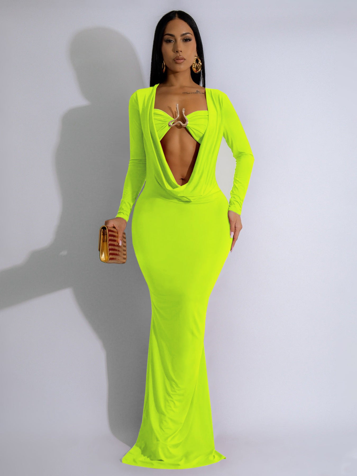 Women V-neck draped pleated long-sleeved sexy Bodycon Dress 3