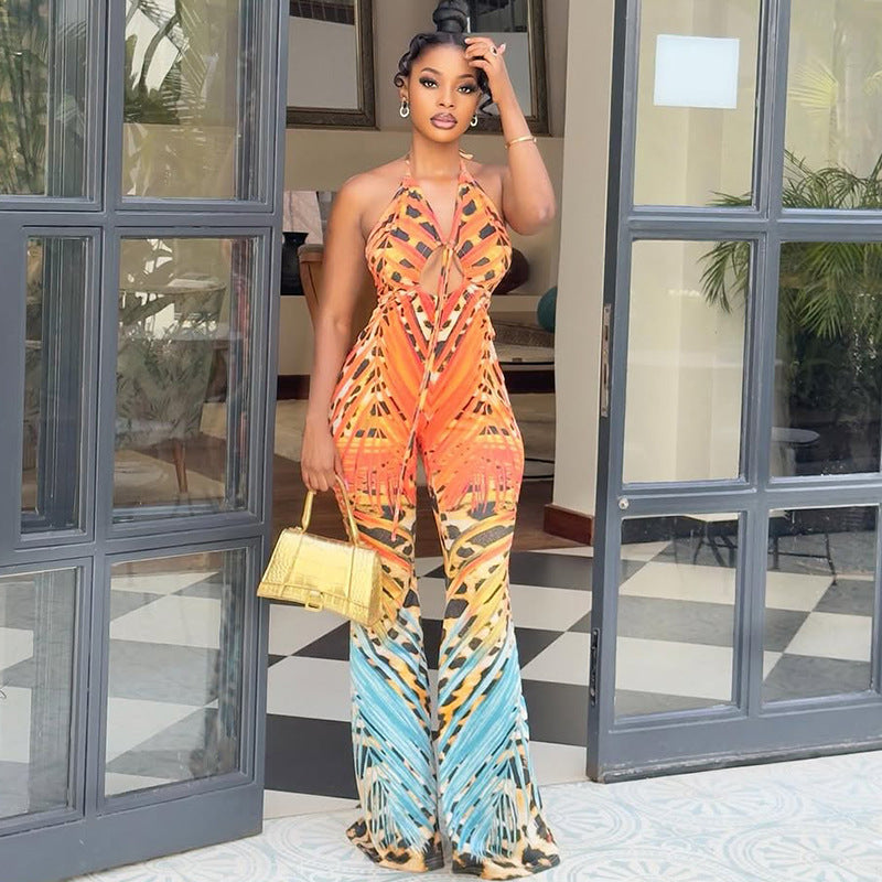 Women's Fashion Halter-Neck Low-Back Floral Print Flared Jumpsuit 3