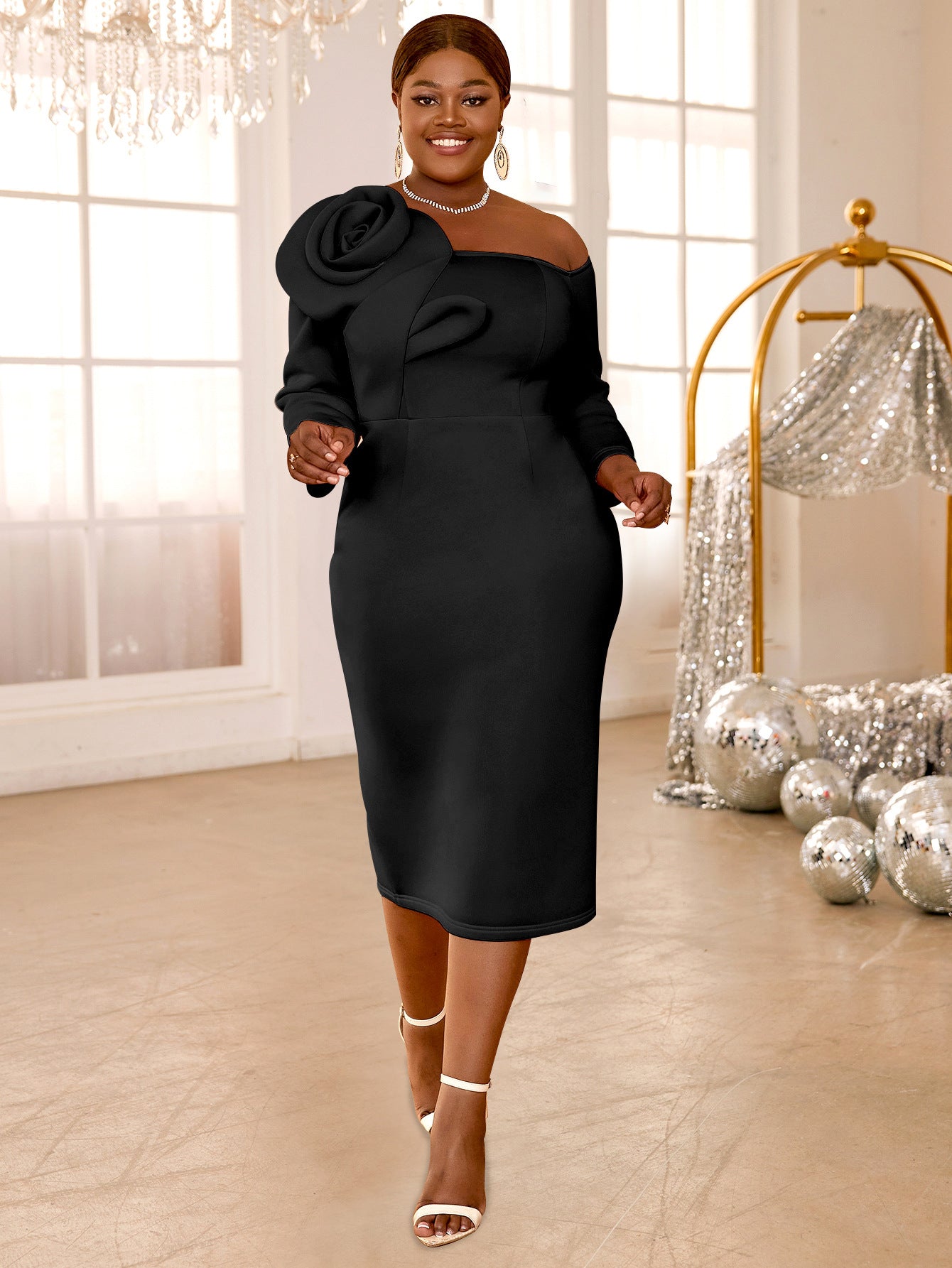 Solid Color Bell-Sleeve Back Slit Elegant Evening Gown 15