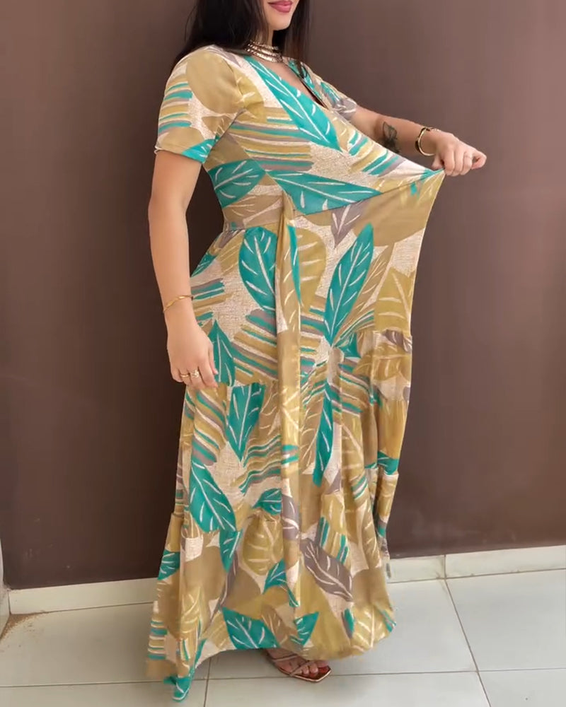 Fashionable Floral Print Short Sleeve Tie Slim Waist Holiday Long Dress