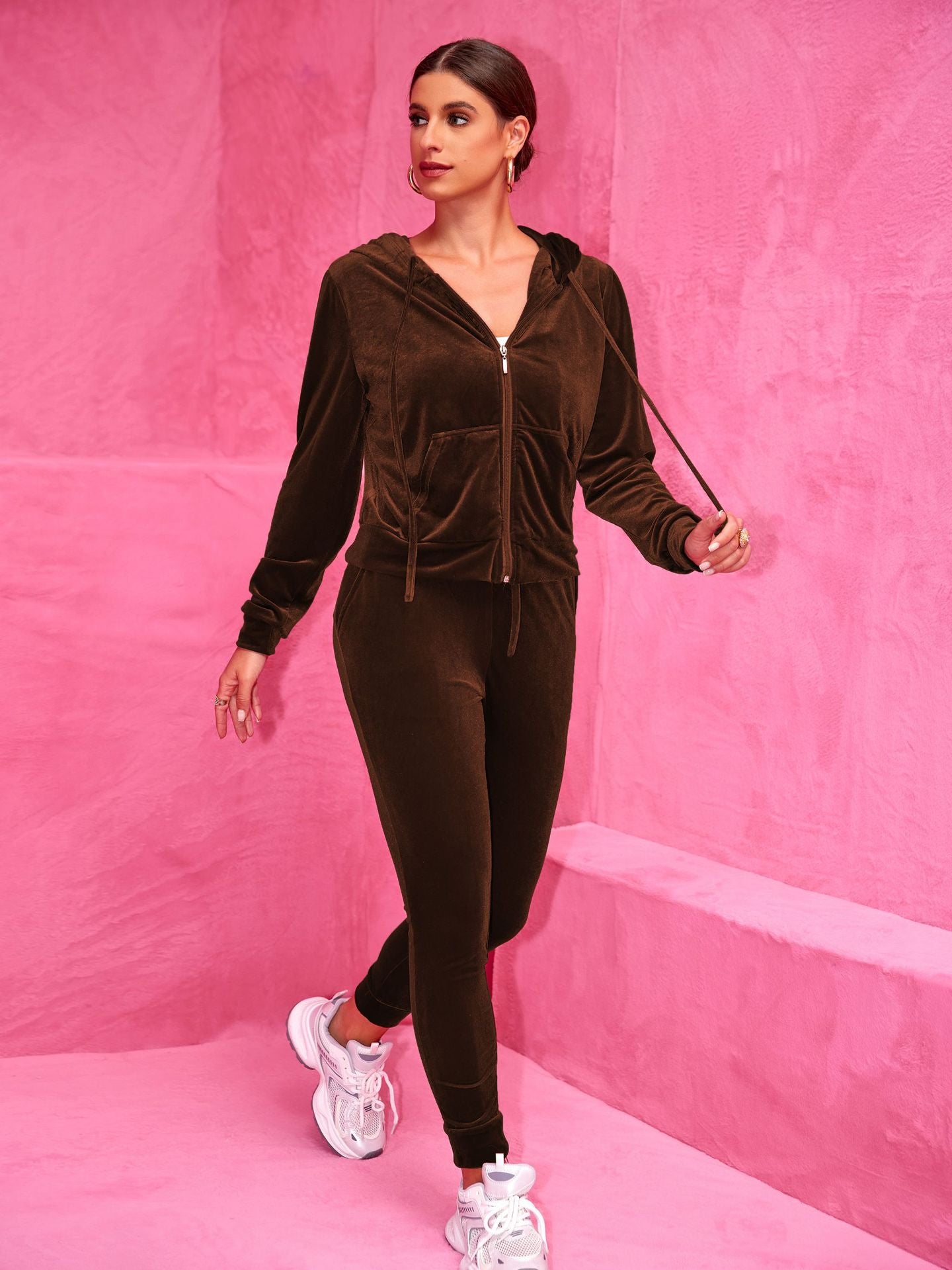 Fashion Velvet Hooded Zipper Hoodies Elastic Waist Trousers Two-Piece Set 4