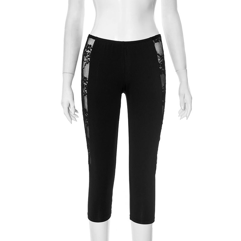 Women spring and summer mesh lace See-Through Solid cropped pants 9