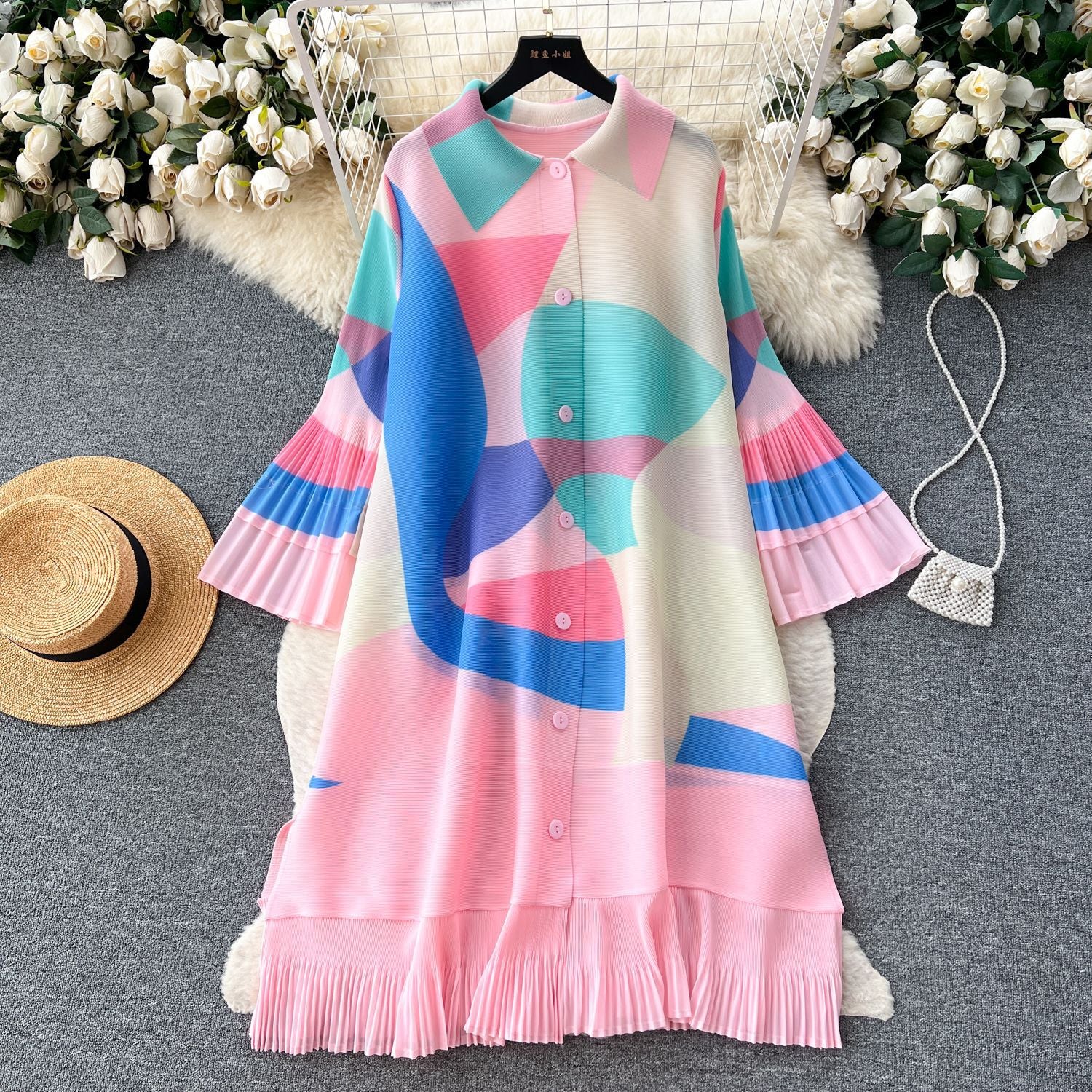 Print Women Summer Loose Slim Fit Casual Pleated Dress 3