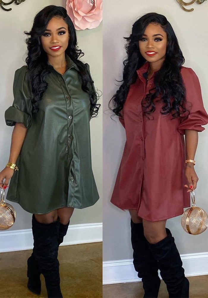 Women's Fashion Casual Solid Color Leather Dress
