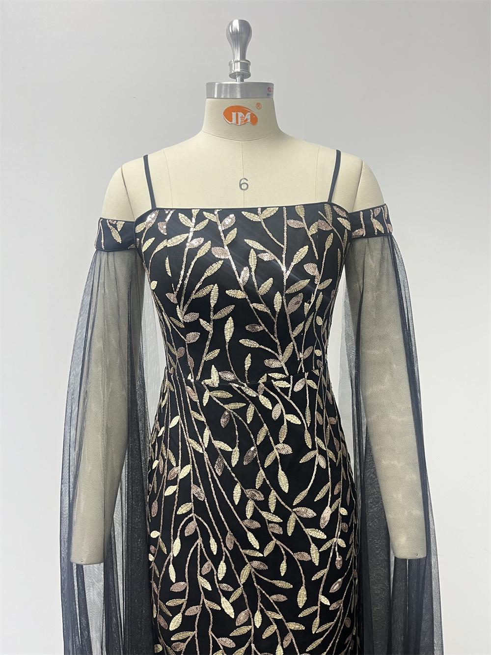 Women black elegant sequin embroidered off-shoulder suspenders formal evening gown 11