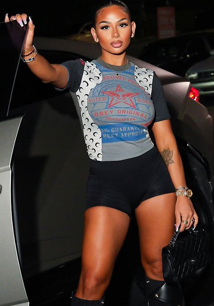 Women Spring Street Print Top and Shorts Two Piece Set