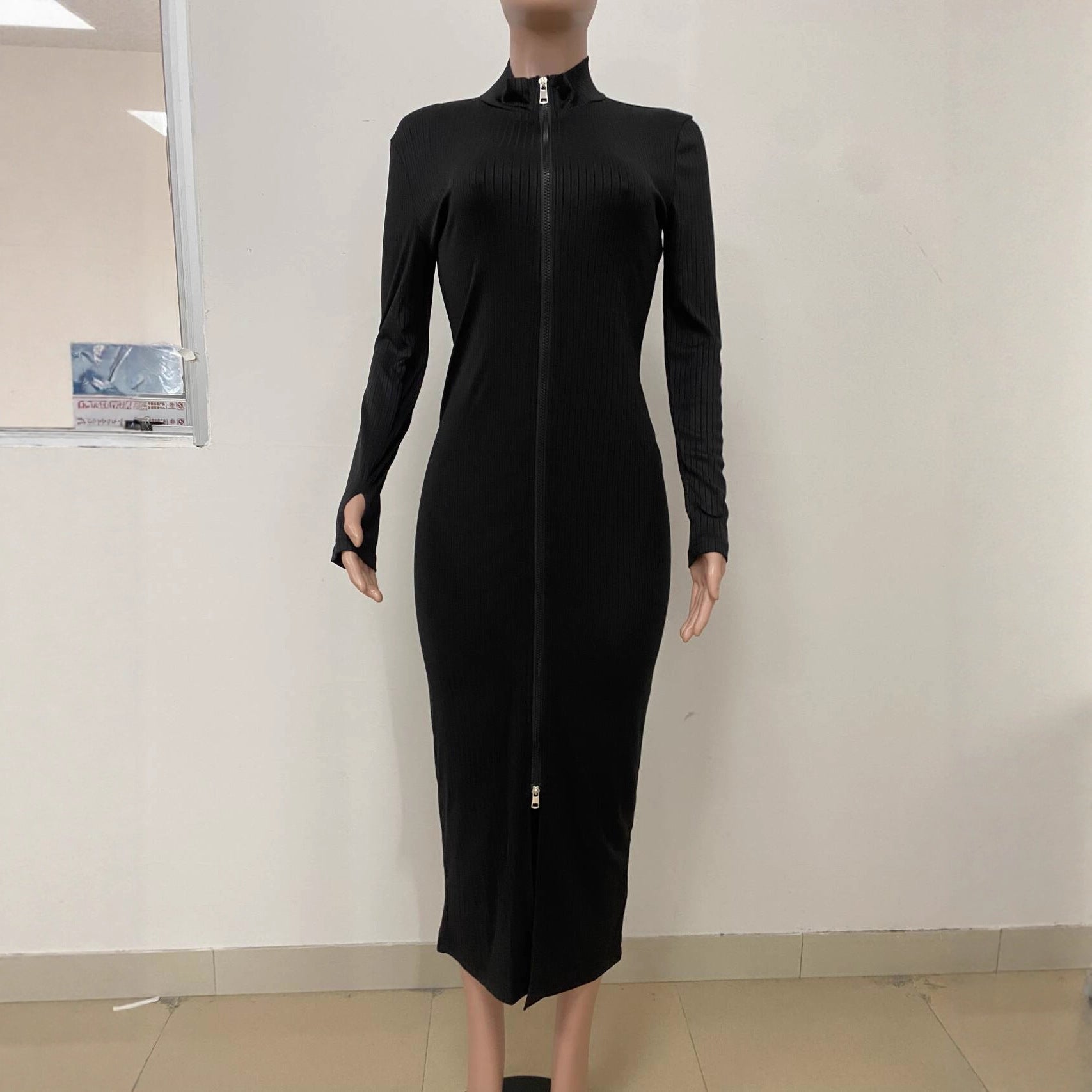 Women Ribbed Thumb-Button Long-Sleeved Sexy Zipper Dress 7