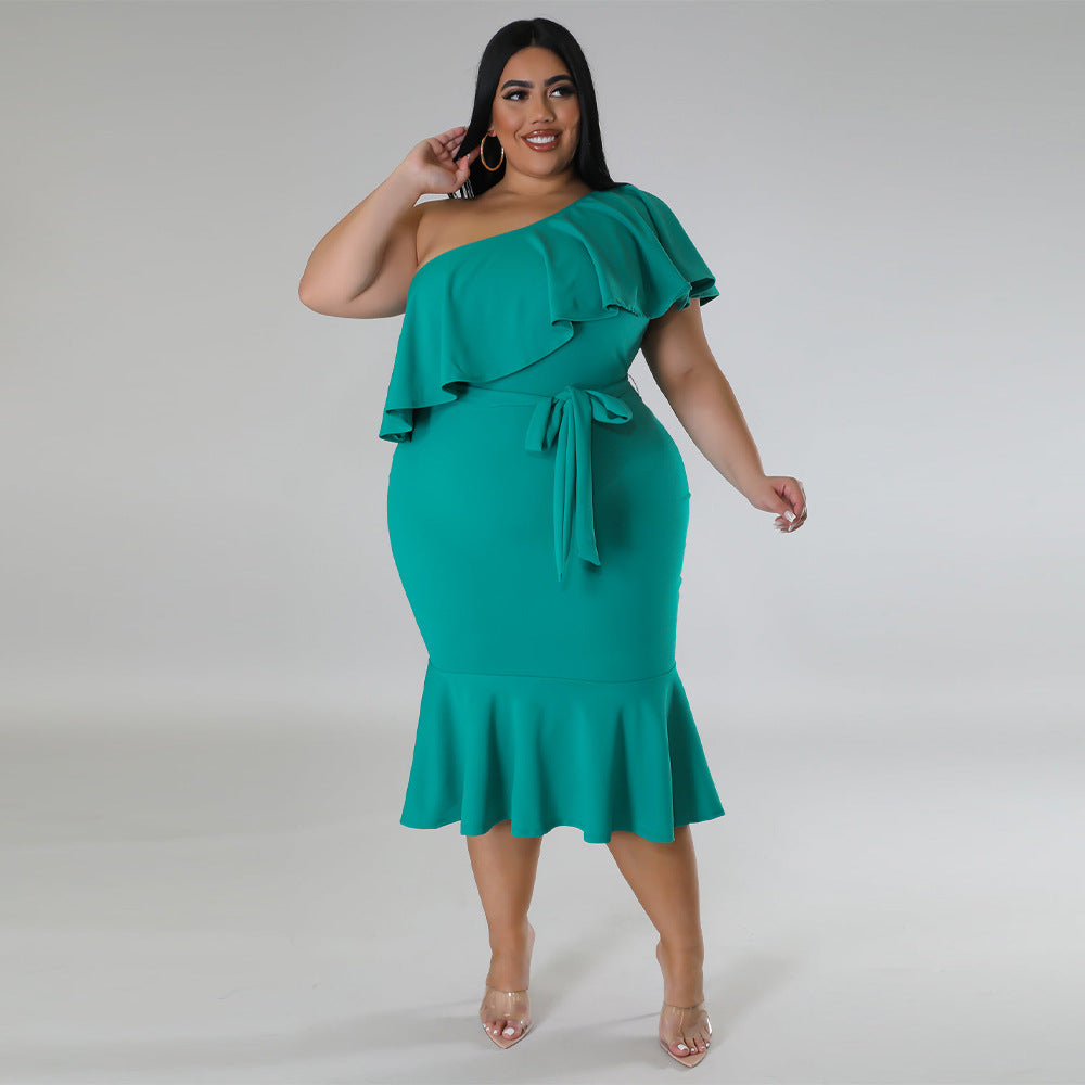 Plus Size Women'S Fashion Fit Casual Ruffle One Shoulder Midi Dress 4